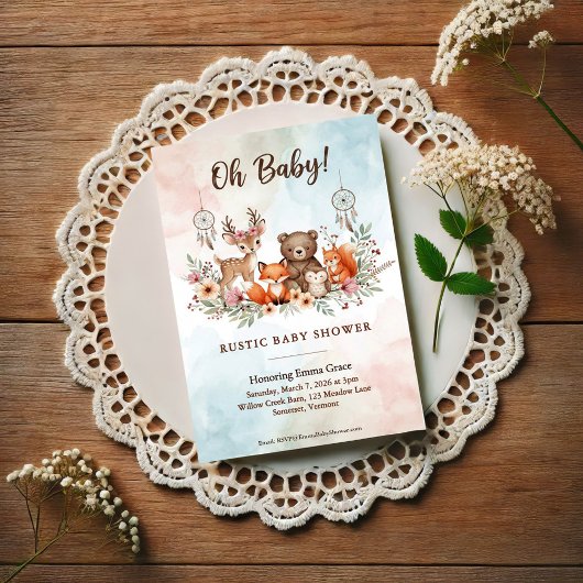 Faire-part de Baby Shower Boho Animaux de la Forêt