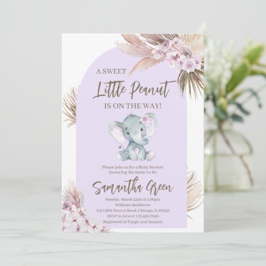 Faire-part de Baby Shower Boho Éléphant Violet (Debout devant)