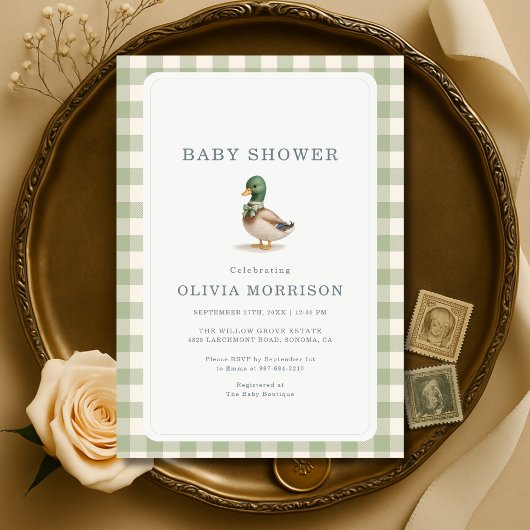 Faire-part de Baby Shower Canard Colvert Gingham V
