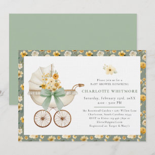 Faire-part de Baby Shower Carrosse Floral Vert Sau