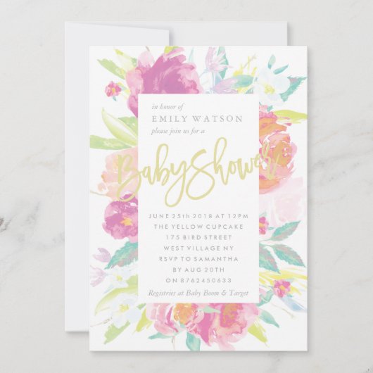 Faire-part de Baby Shower Clair Floral Aquarelle (Devant)
