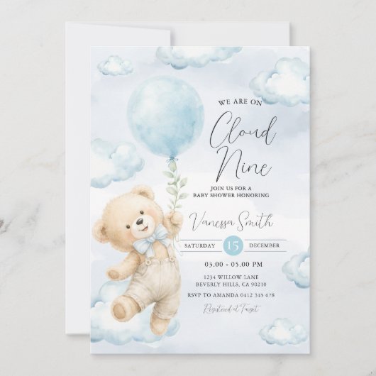Faire-part de Baby Shower Cloud Nine Ourson Bleu (Devant)