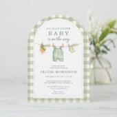 Faire-part de Baby Shower Code QR Gingham Vert Cul (Debout devant)