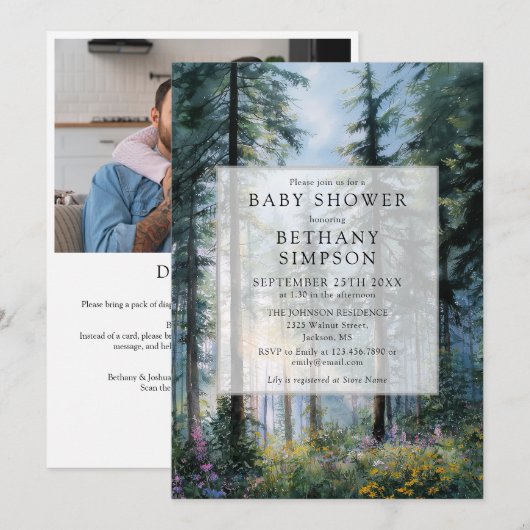 Faire-part de Baby Shower Code QR Photo de Forêt F (Devant / Derrière)