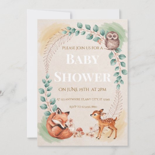 Faire-part de Baby Shower Créatures des Bois (Devant)