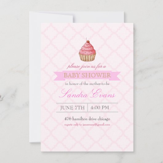 Faire-part de Baby Shower Cupcake Gâteau Rose (Devant)