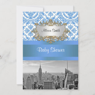 Faire-part de baby shower D4 Damask NYC Skyline BW