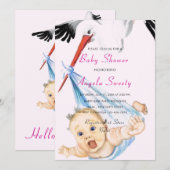 Faire-part de Baby Shower drôle avec cigogne et bé (Devant / Derrière)