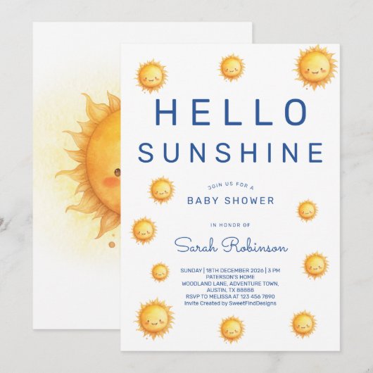 Faire-part de Baby Shower Editable Hello Sunshine (Devant / Derrière)