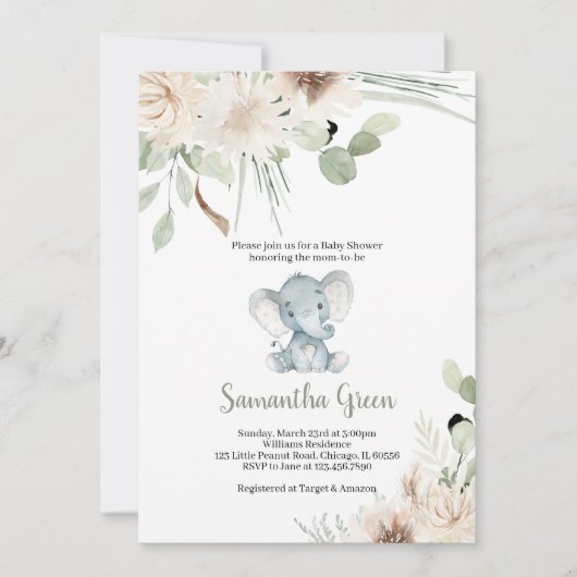 Faire-part de Baby Shower éléphant neutre (Devant)