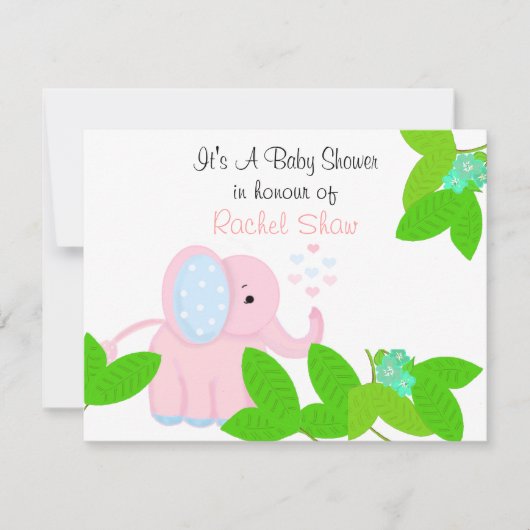 Faire-part de Baby Shower Eléphant Rose Doux (Devant)