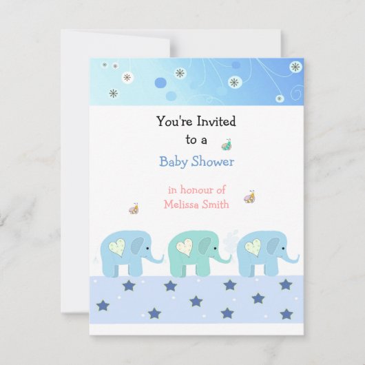 Faire-part de Baby Shower Éléphants Bleus (Devant)