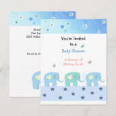 Faire-part de Baby Shower Éléphants Bleus (Devant / Derrière)