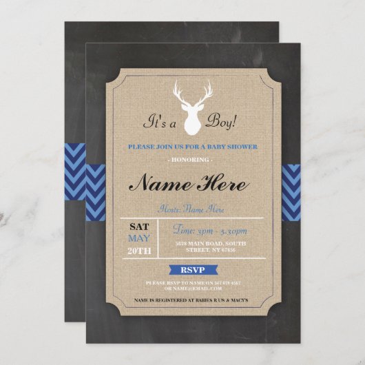 Faire-part de Baby Shower en toile de jute garçon (Devant / Derrière)