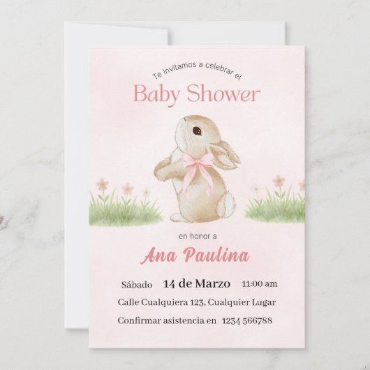 Faire-part de Baby Shower Espagnol Ourse Rose Fill (Devant)