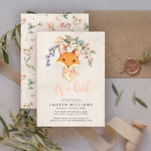 Faire-part de Baby Shower Fille au Renard Floral V