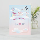 faire-part de baby shower fille avec une cigogne d (Debout devant)