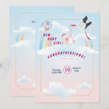faire-part de baby shower fille avec une cigogne d