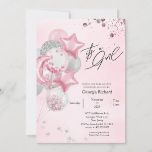 Faire-part de Baby Shower Fille Ballons Roses Aqua