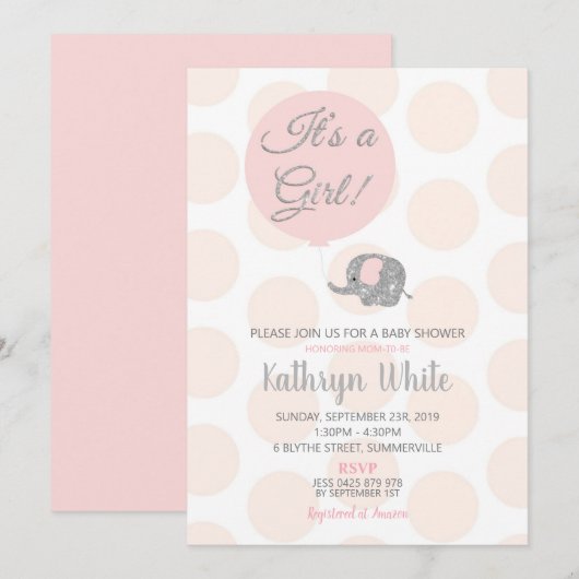 Faire-part de Baby Shower Fille Eléphant Argent Ro (Devant / Derrière)