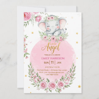 Faire-part de Baby Shower Fille Éléphant Floral Mi