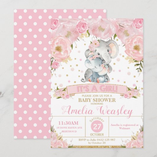 Faire-part de Baby Shower Fille Fleur Éléphant (Devant / Derrière)