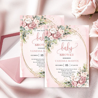 Faire-part de Baby Shower Fille Fleurs de Vert feu