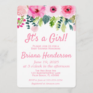 Faire-part de Baby Shower Fille Fleurs Roses