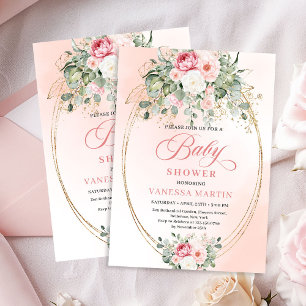 Faire-part de Baby Shower Fille Or Floral Blush Bo