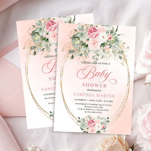 Faire-part de Baby Shower Fille Or Floral Blush In