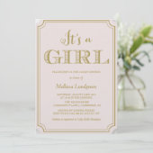 Faire-part de Baby Shower Fille Or Rose Script (Debout devant)