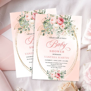 Faire-part de Baby Shower Fille Roses Blush Dorées