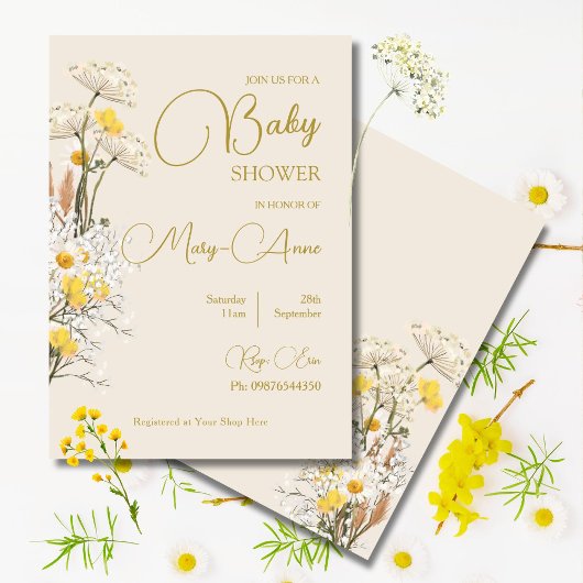 Faire-part de Baby Shower Fleur de champ Aquarelle