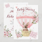 Faire-part de Baby Shower Fleur Rose avec Lapin Bé (Devant / Derrière)