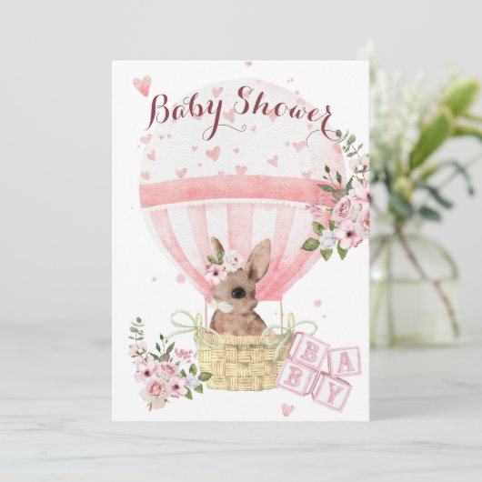 Faire-part de Baby Shower Fleur Rose Lapin Bébé Mi (Debout devant)