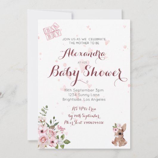 Faire-part de Baby Shower Fleur Rose Lapin Bébé Mi (Dos)