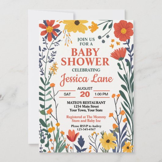 Faire-part de Baby Shower Fleur Sauvage Rustique (Devant)