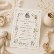 Faire-part de Baby Shower Fleurie Bleue de Nursery