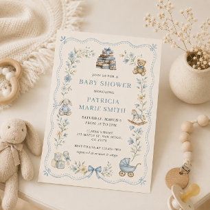 Faire-part de Baby Shower Fleurie Bleue de Nursery