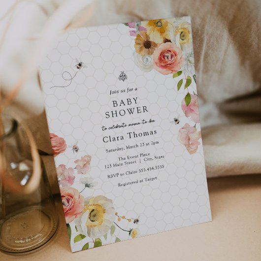 Faire-part de Baby Shower Fleurs et Abeille