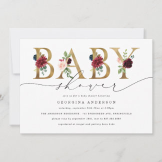 Faire-part de Baby Shower Fleurs Navy Bourgogne
