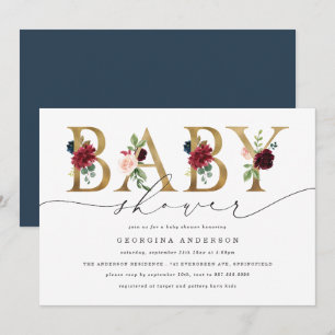 Faire-part de Baby Shower Fleurs Navy Bourgogne