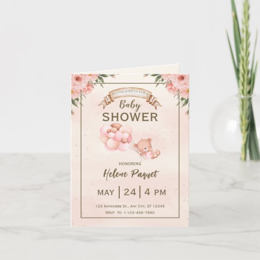 Faire-part de Baby Shower Floral Beige Marron (Devant)