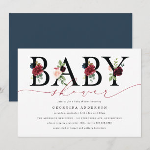 Faire-part de Baby Shower Floral Navy Bourgogne
