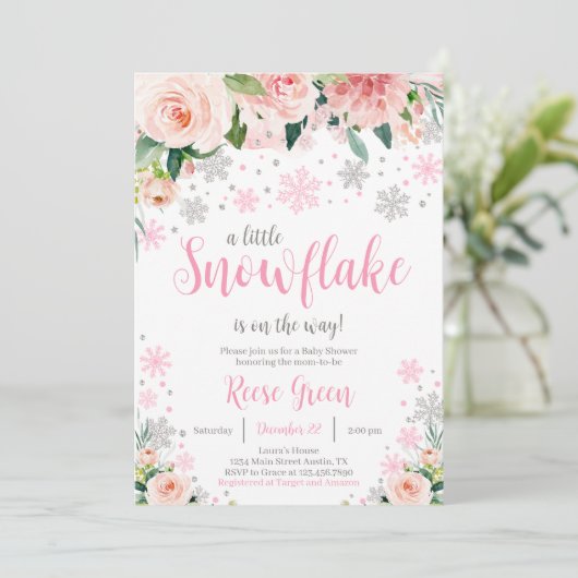 Faire-part de Baby Shower Floral Snowflake (Debout devant)