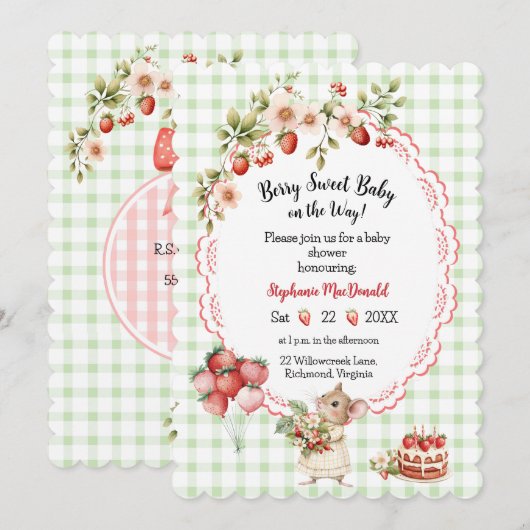 Faire-part de Baby Shower Fraise - Gingham Vert (Devant / Derrière)