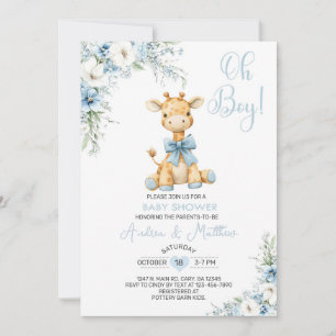 Faire-part de baby shower garçon girafe bleu flora