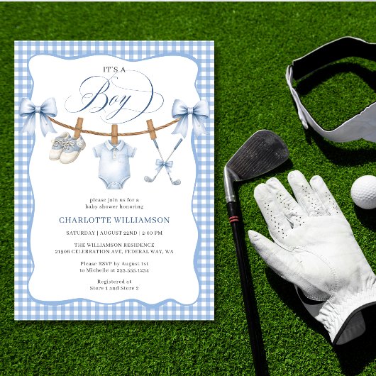 Faire-part de Baby Shower Garçon Golf Bleu Gingham