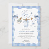 Faire-part de Baby Shower Garçon Golf Bleu Gingham (Devant)