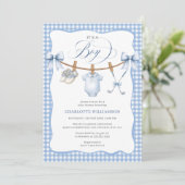Faire-part de Baby Shower Garçon Golf Bleu Gingham (Debout devant)